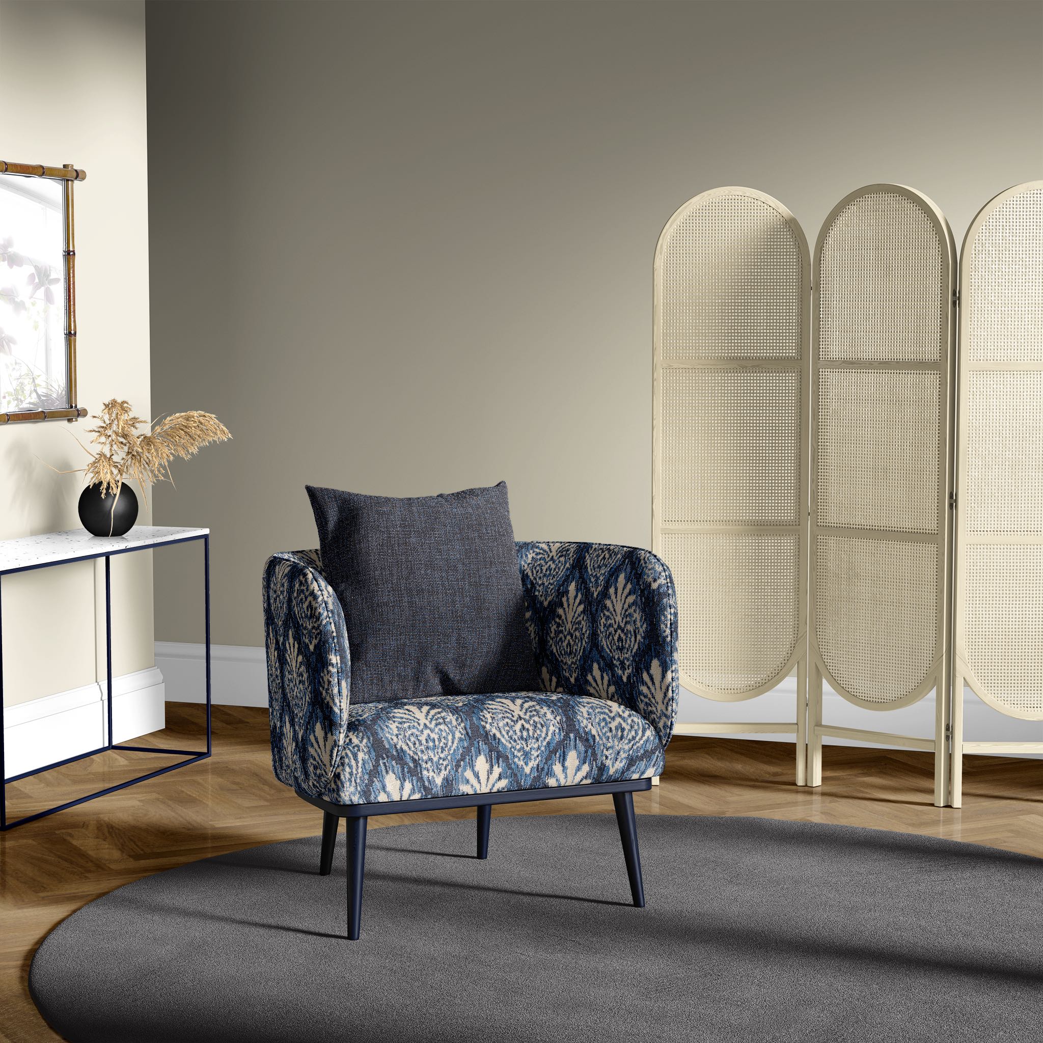 Interior scene for arm chair and rug with upholstery blue fabric and cushion